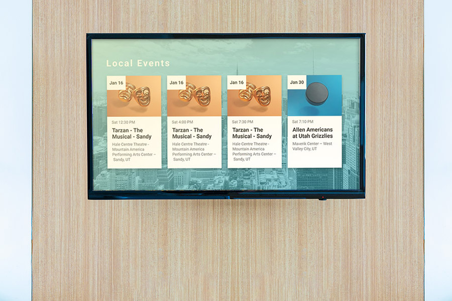 Local events board on a hospitality screen