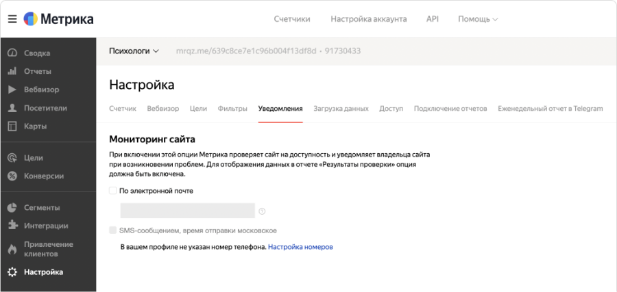 Как подключить в Метрике уведомление о проблемах на сайте
