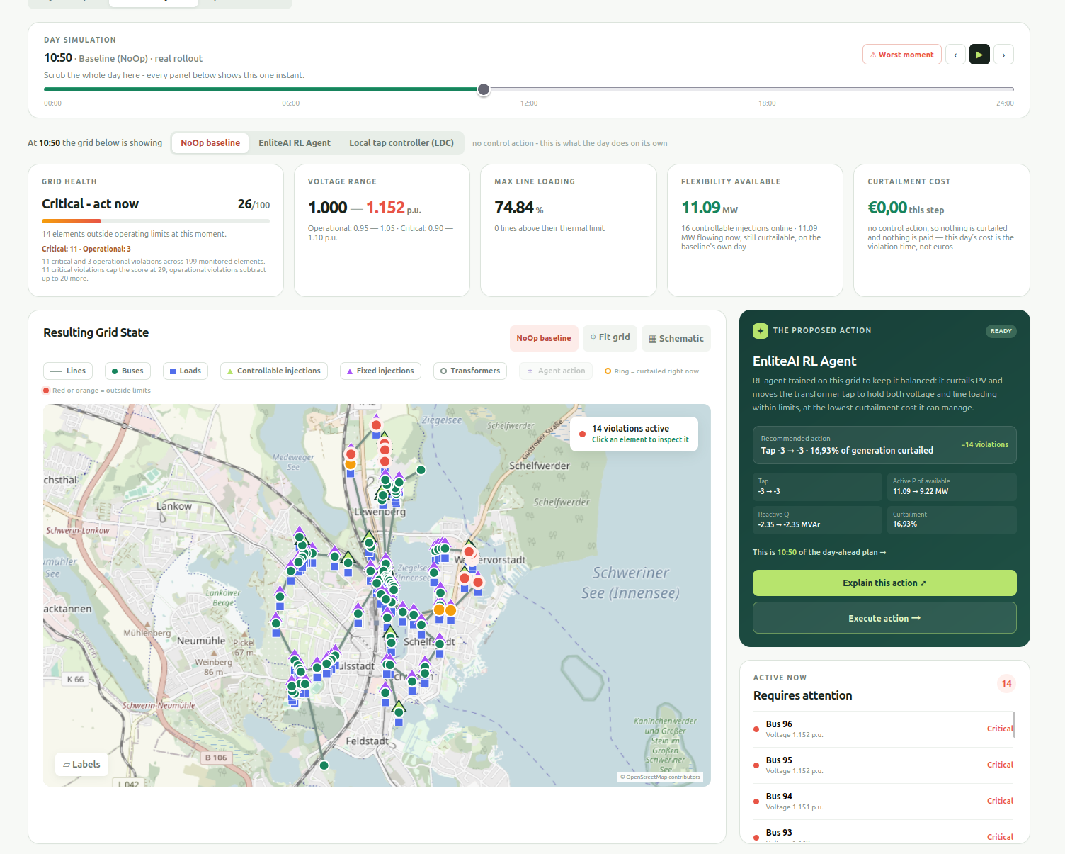 FLEX detailed day view: the uncontrolled baseline at 10:50 with 14 active violations on the grid map