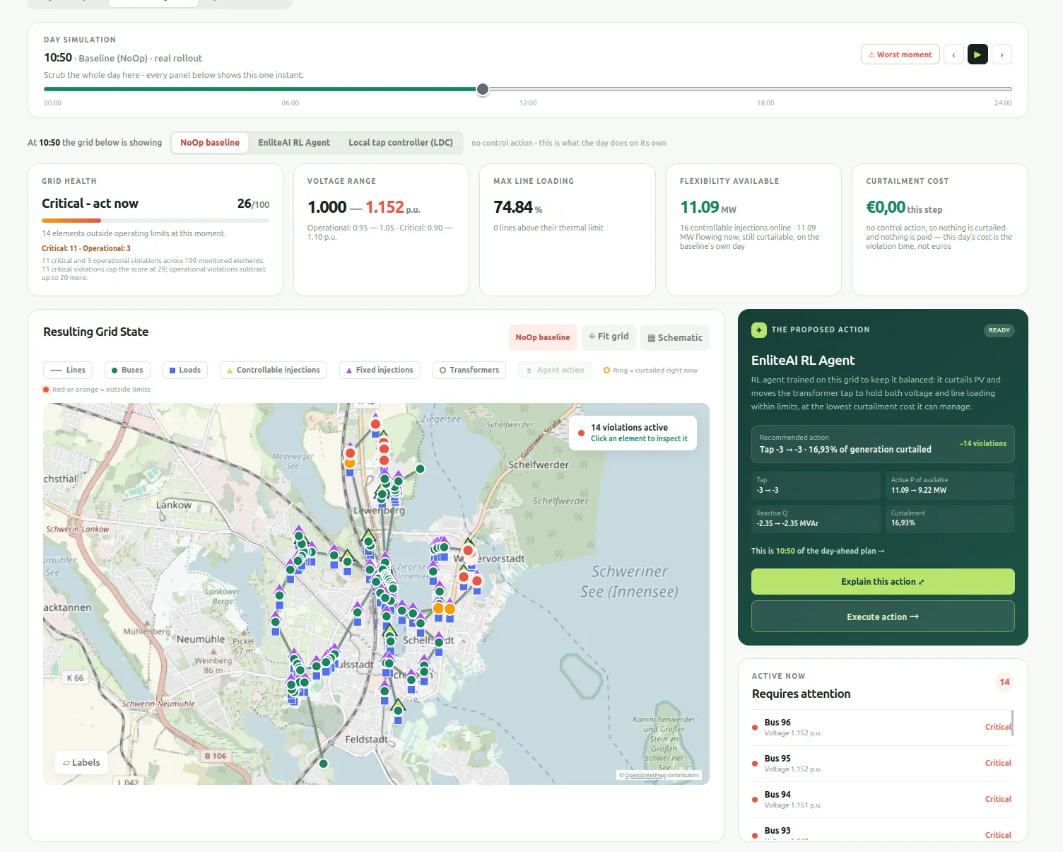 FLEX detailed day view: the uncontrolled baseline at 10:50 with 14 active violations on the grid map