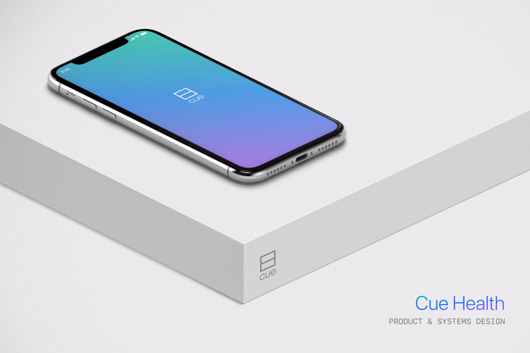 Smartphone with gradient screen and Cue Health logo on white box and text on white background.