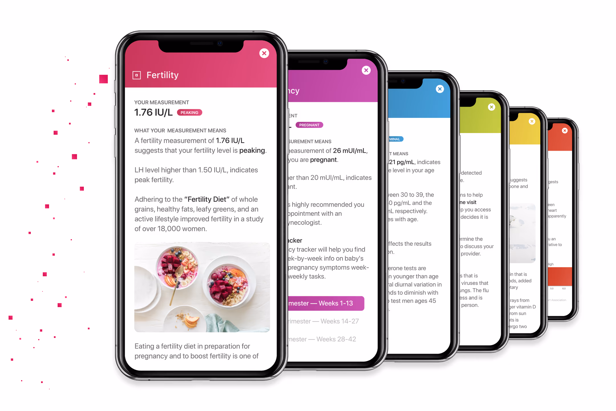 Stacked phones showing fertility, pregnancy, hormonal test results and diet advice screens in an app.