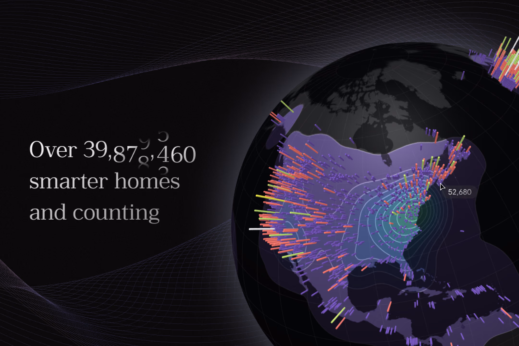 Digital globe showing over 39 million smarter homes with vertical colored bars indicating density.