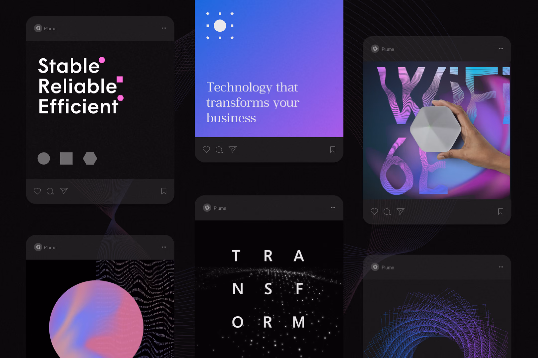 Collage of tech-themed cards with words stable, reliable, efficient, transform, and a hand holding a hexagonal device.