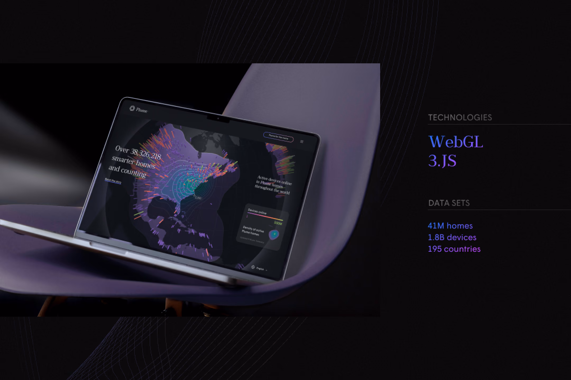 Laptop on purple chair showing Plume app with a 3D map of active smart home devices in North America.