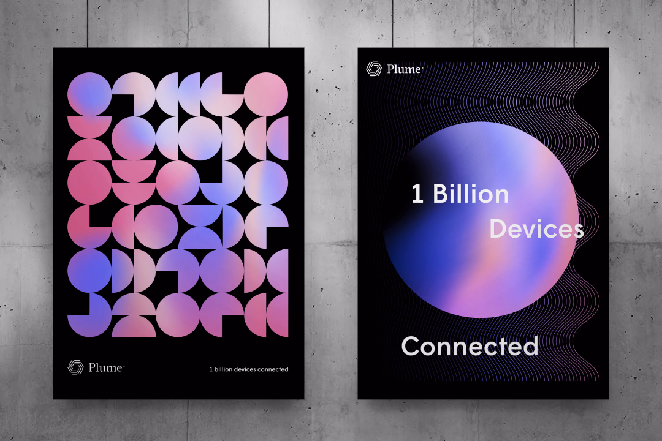 Two posters on a concrete wall with pink and purple gradients and text about 1 billion devices connected.