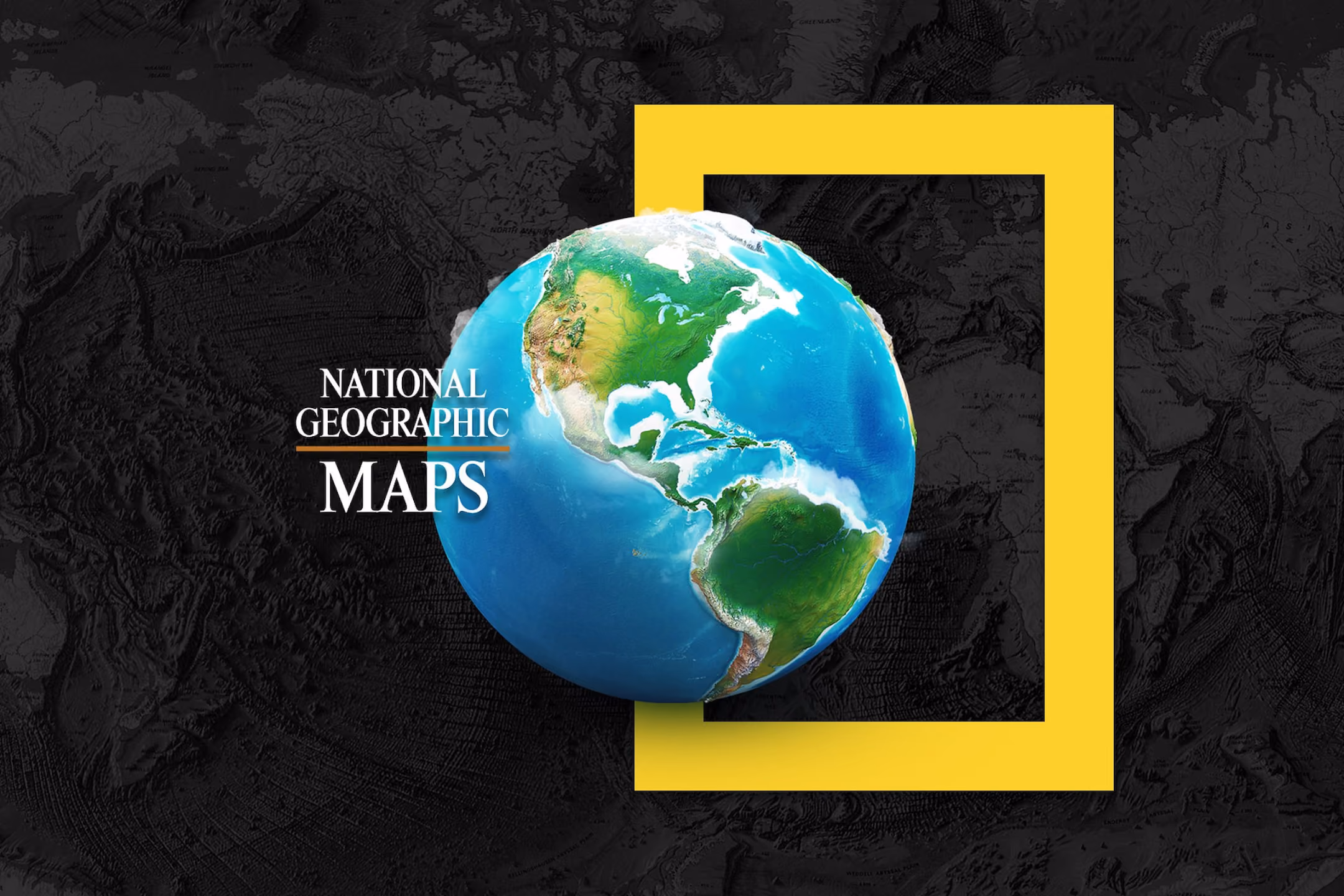 Globe showing Americas with National Geographic Maps logo and yellow rectangular frame.