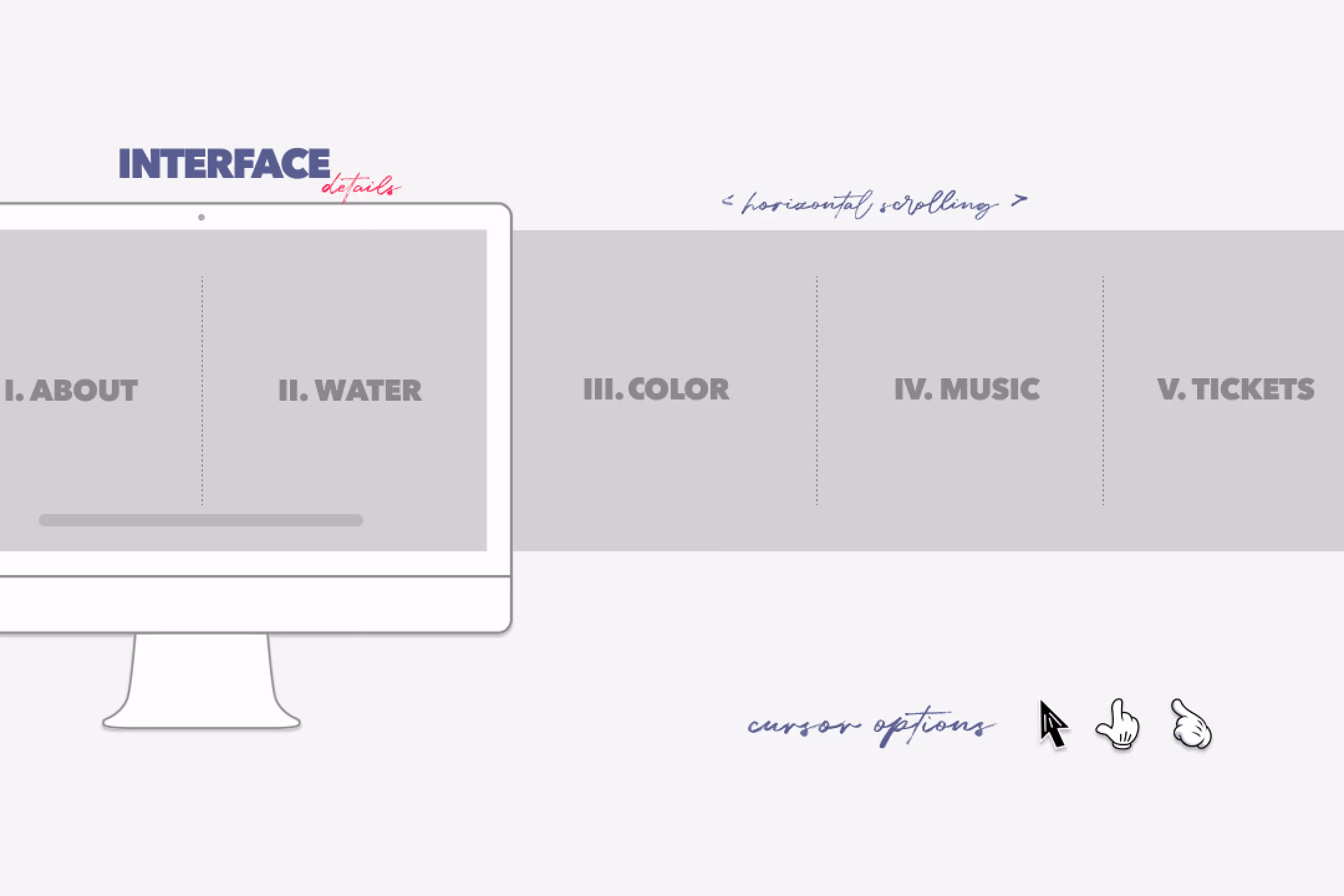 Interface menu showing sections About, Water, Color, Music, Tickets with horizontal scrolling and cursor options.