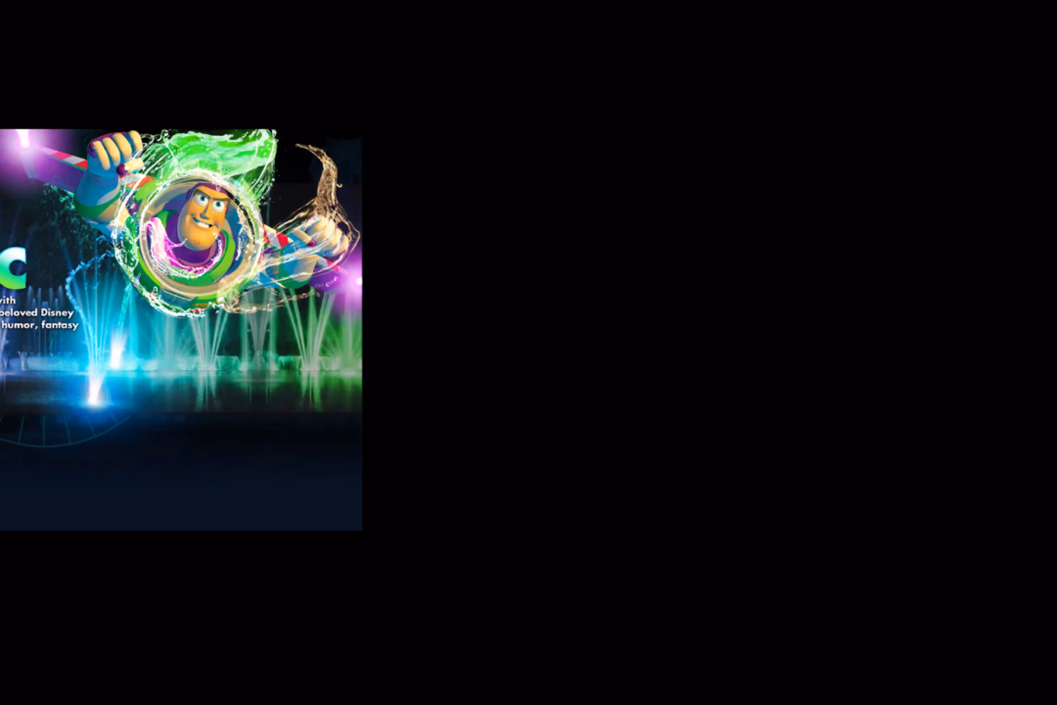 Buzz Lightyear surrounded by colorful light and water effects with fountains in the background.
