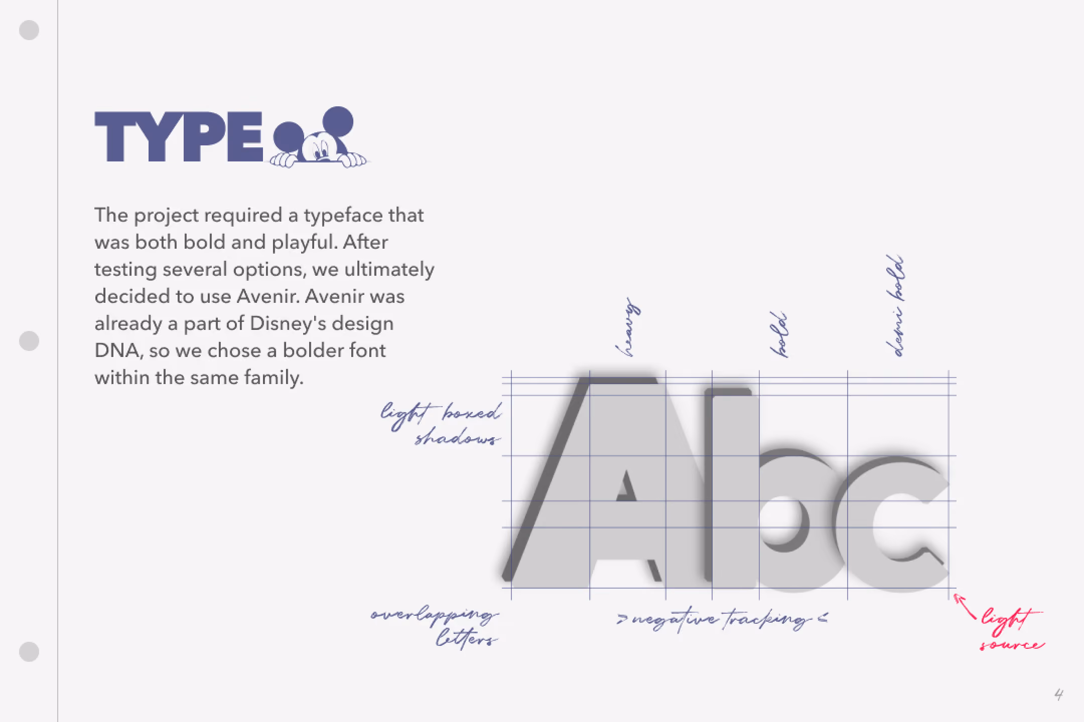 Typography detail showing bold Avenir letters with grid, light shadows, and tracking notes.