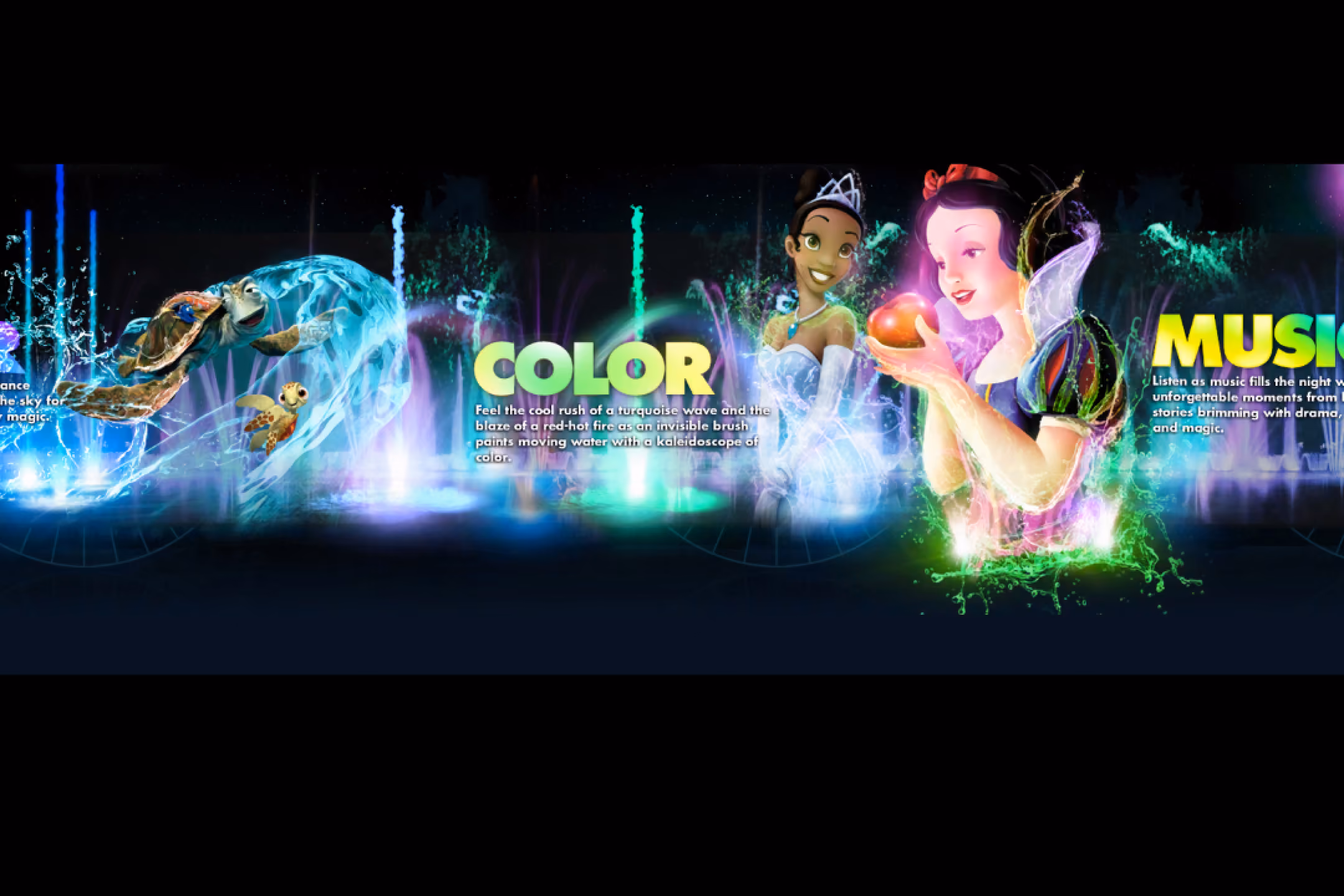 Disney characters with colorful water fountains: sea turtles, Princess Tiana, and Snow White with an apple.