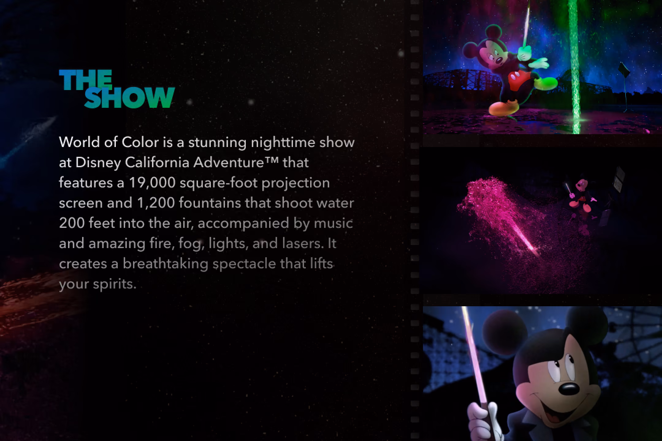 Collage of Mickey Mouse in World of Color nighttime show with colorful fountains and lasers at Disney California Adventure.