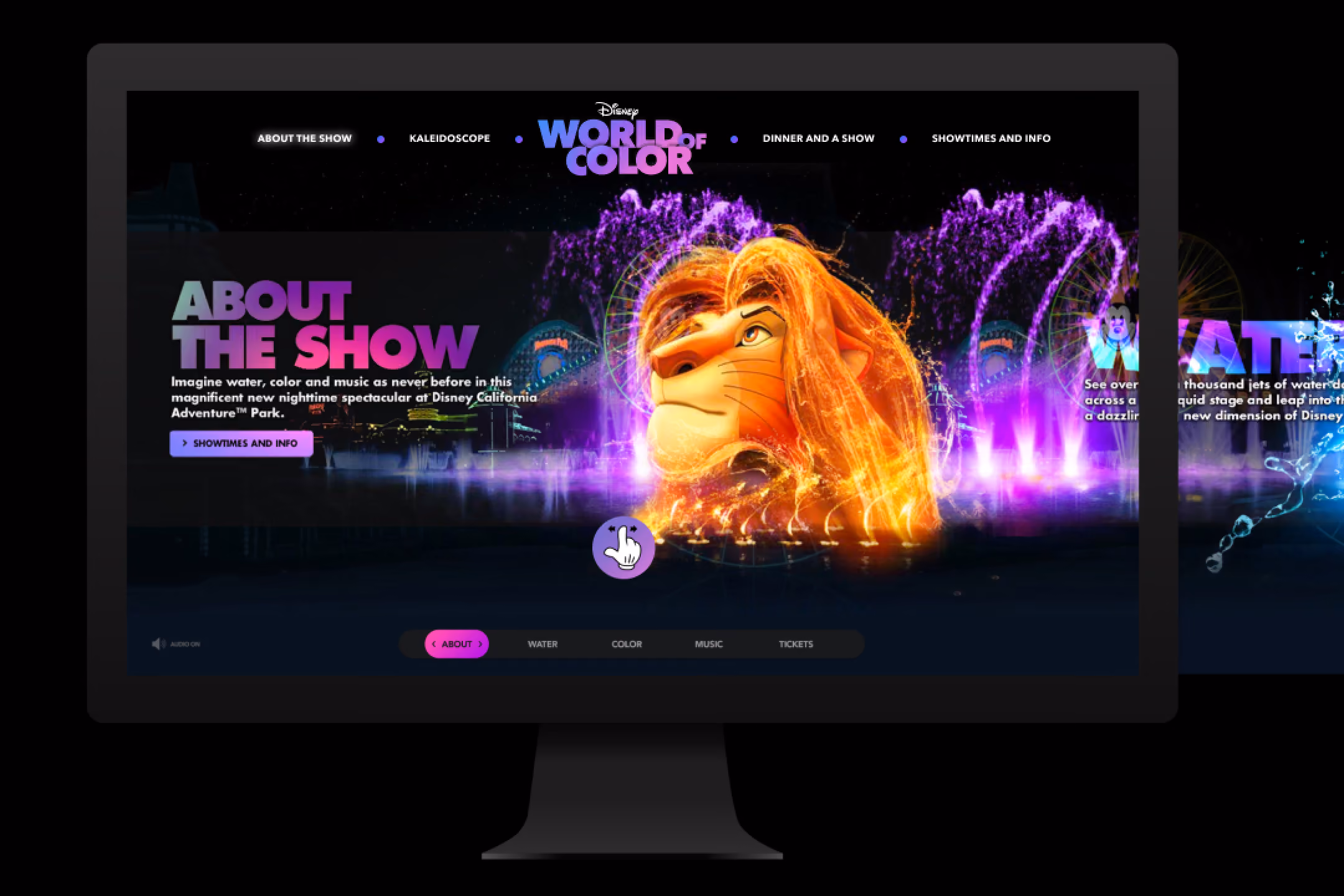 Disney World of Color show website with vibrant Lion King water projection and colorful fountains.