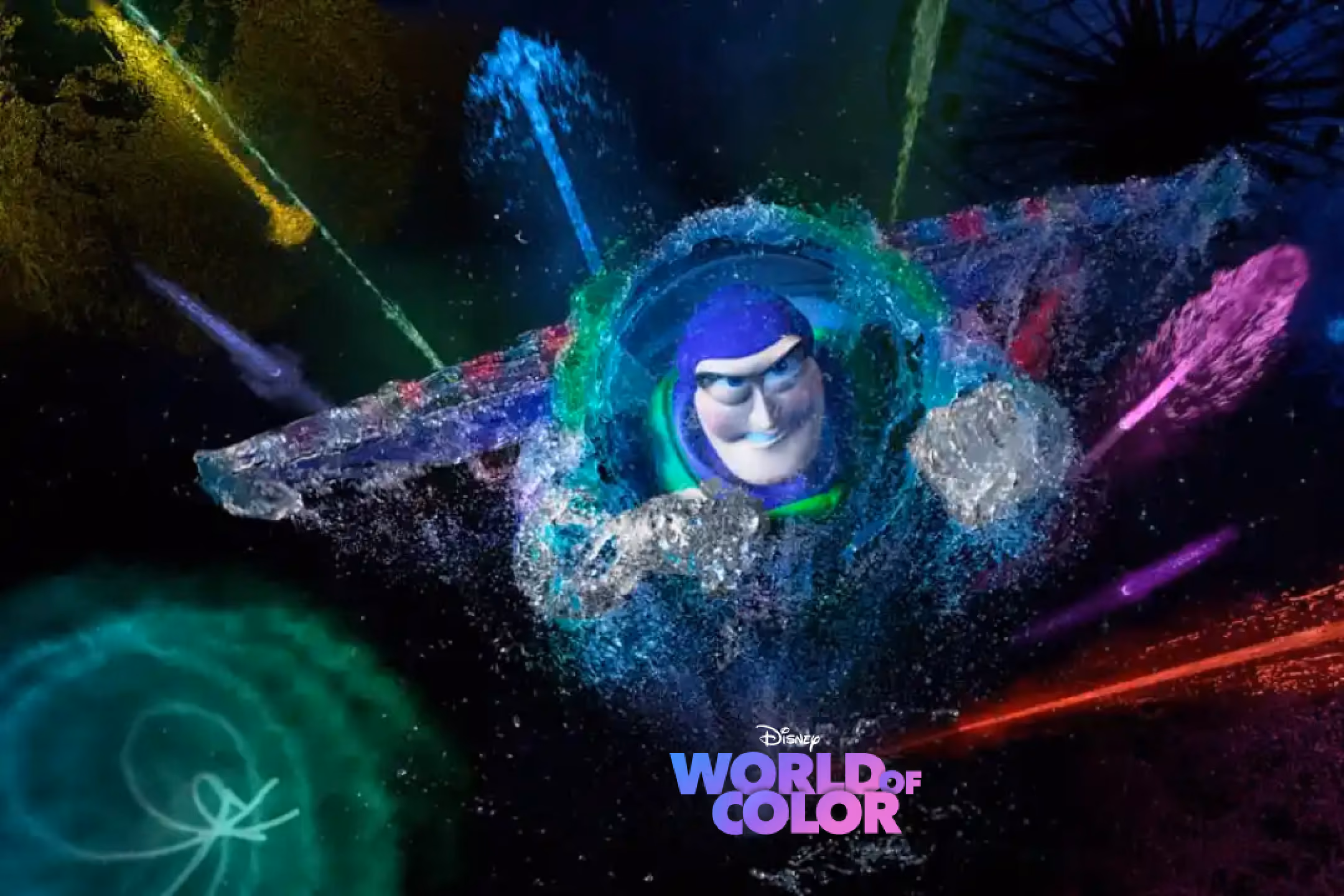 Buzz Lightyear flying through colorful water sprays with Disney World of Color logo below.