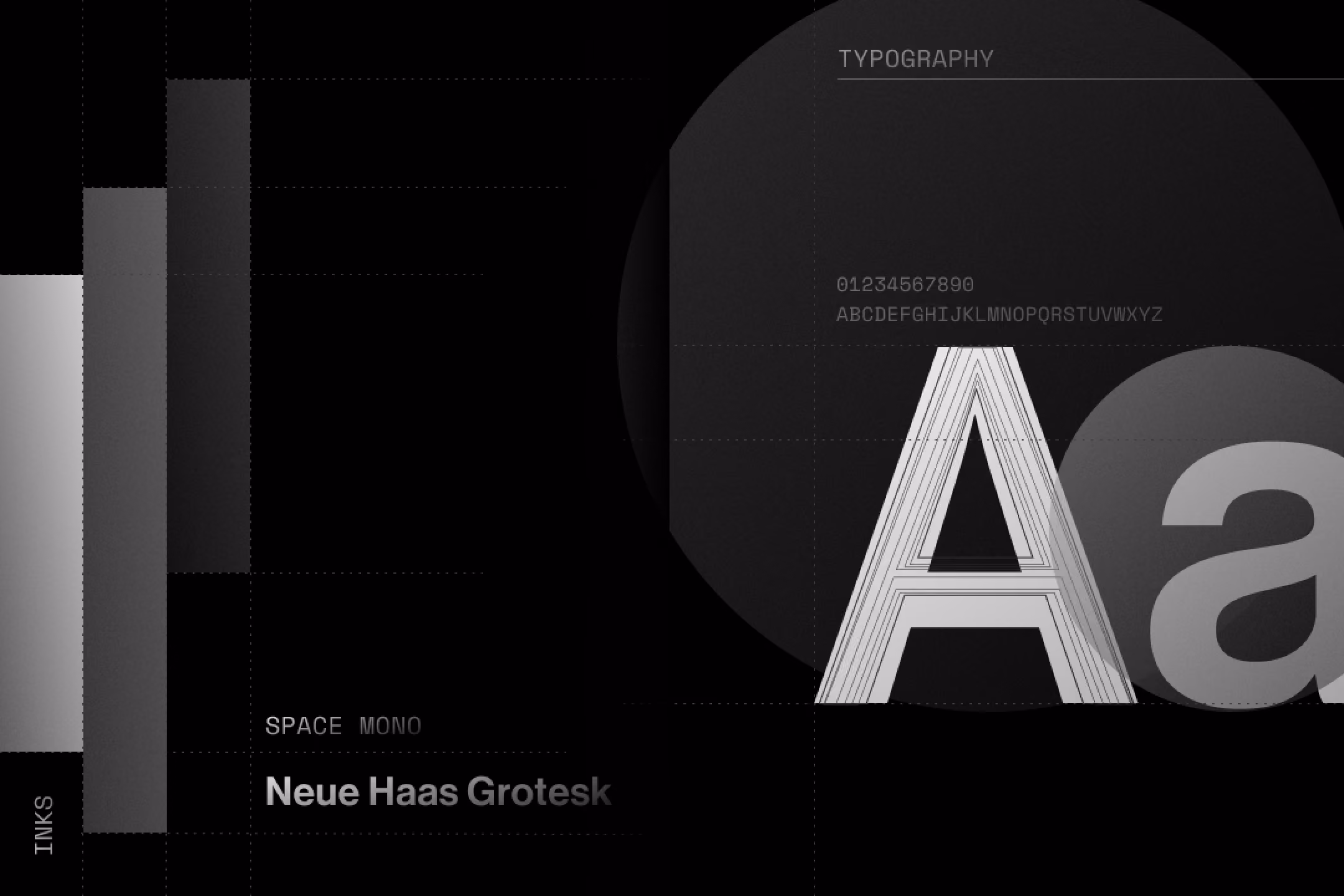 Design layout showing Neue Haas Grotesk font samples with letters, numbers, and grayscale ink bars.