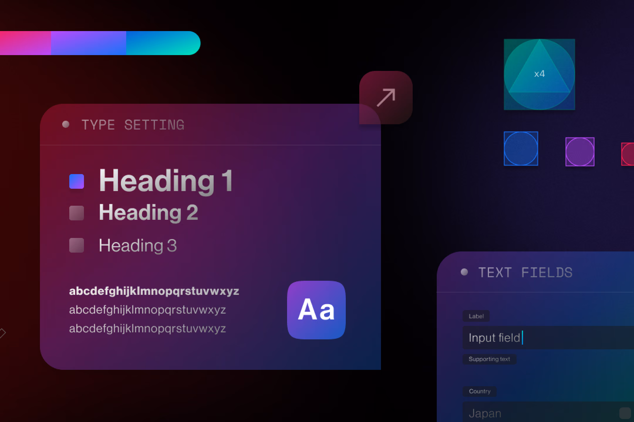 User interface showing typography settings for headings and text fields with colorful design elements.