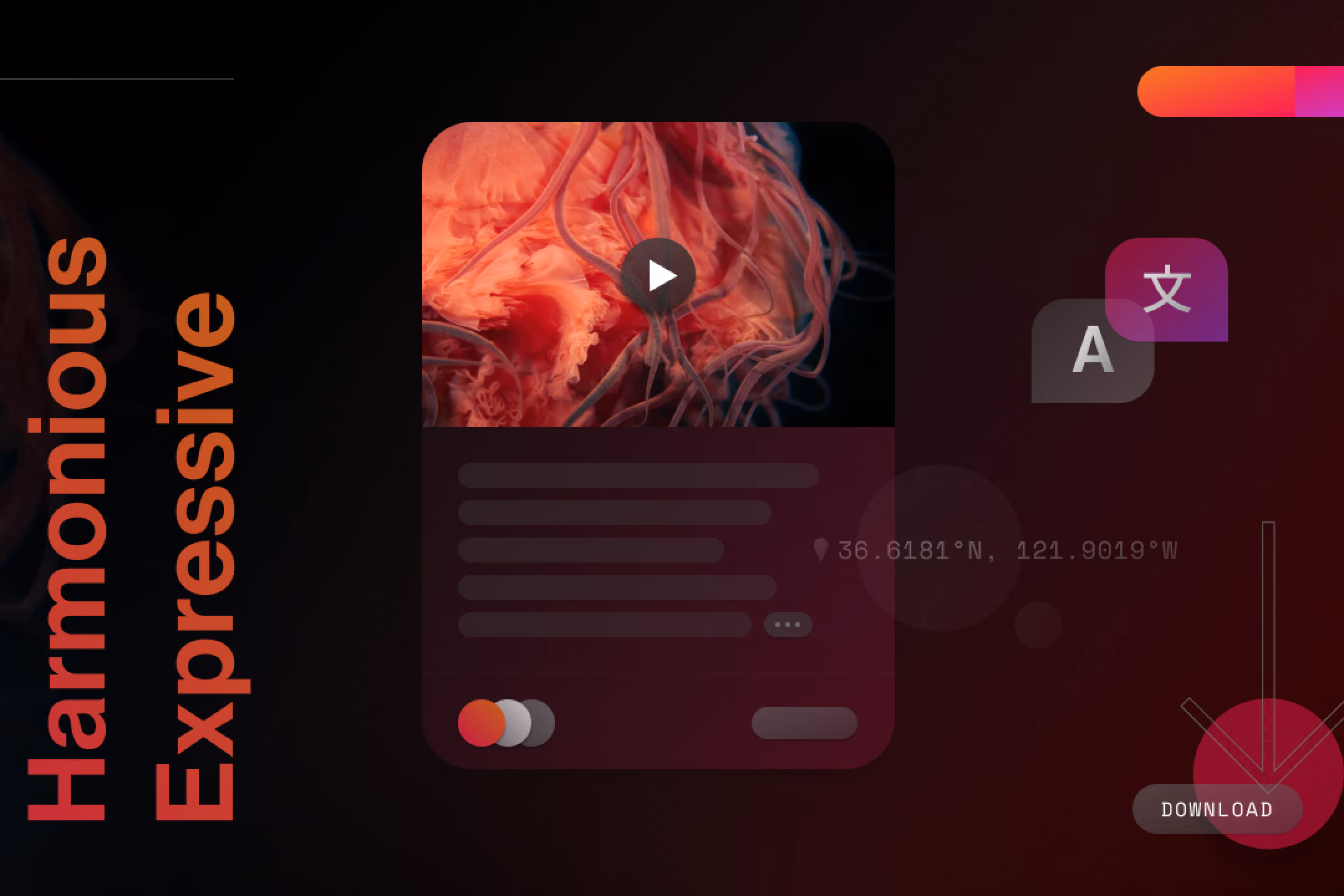 Digital interface with a play button over a red jellyfish image and text, icons, and a download button.