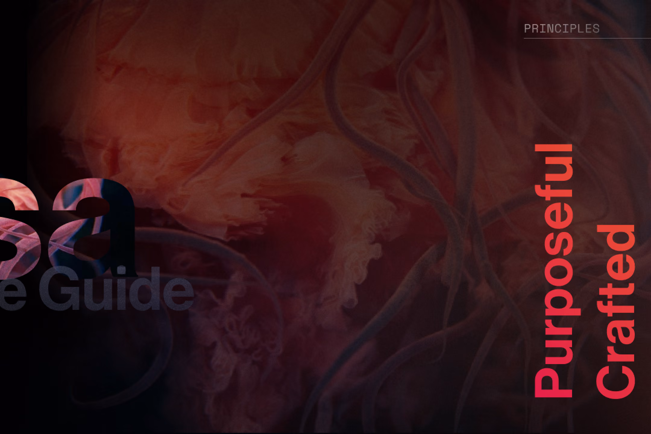 Abstract dark red background with faint jellyfish shapes and the words 'Purposeful Crafted' in red.