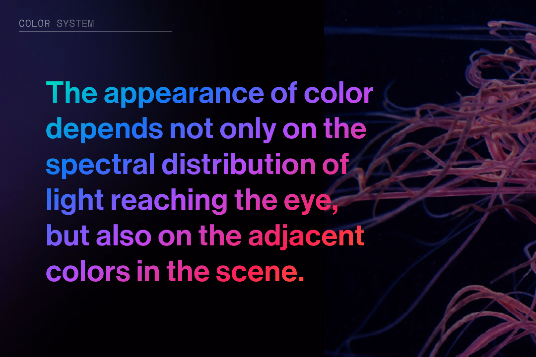 Text stating color appearance depends on light's spectral distribution and adjacent colors in a scene.