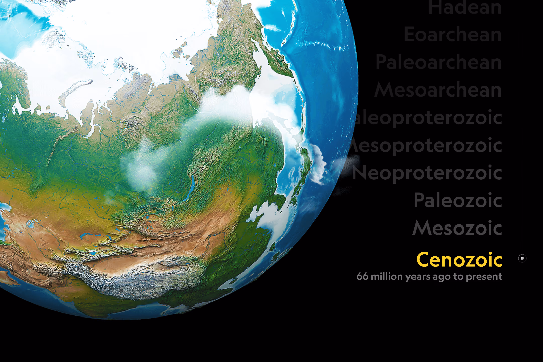 3D Earth view with geologic eras listed, highlighting Cenozoic era from 66 million years ago to present.