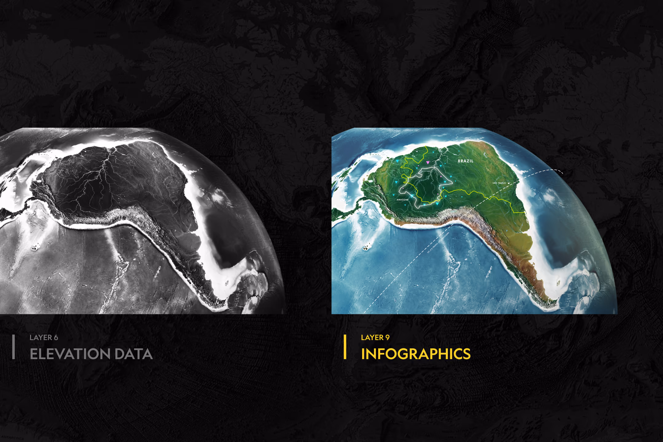 Side-by-side maps of South America: grayscale elevation data and color infographics with Amazon and Brazil highlighted.