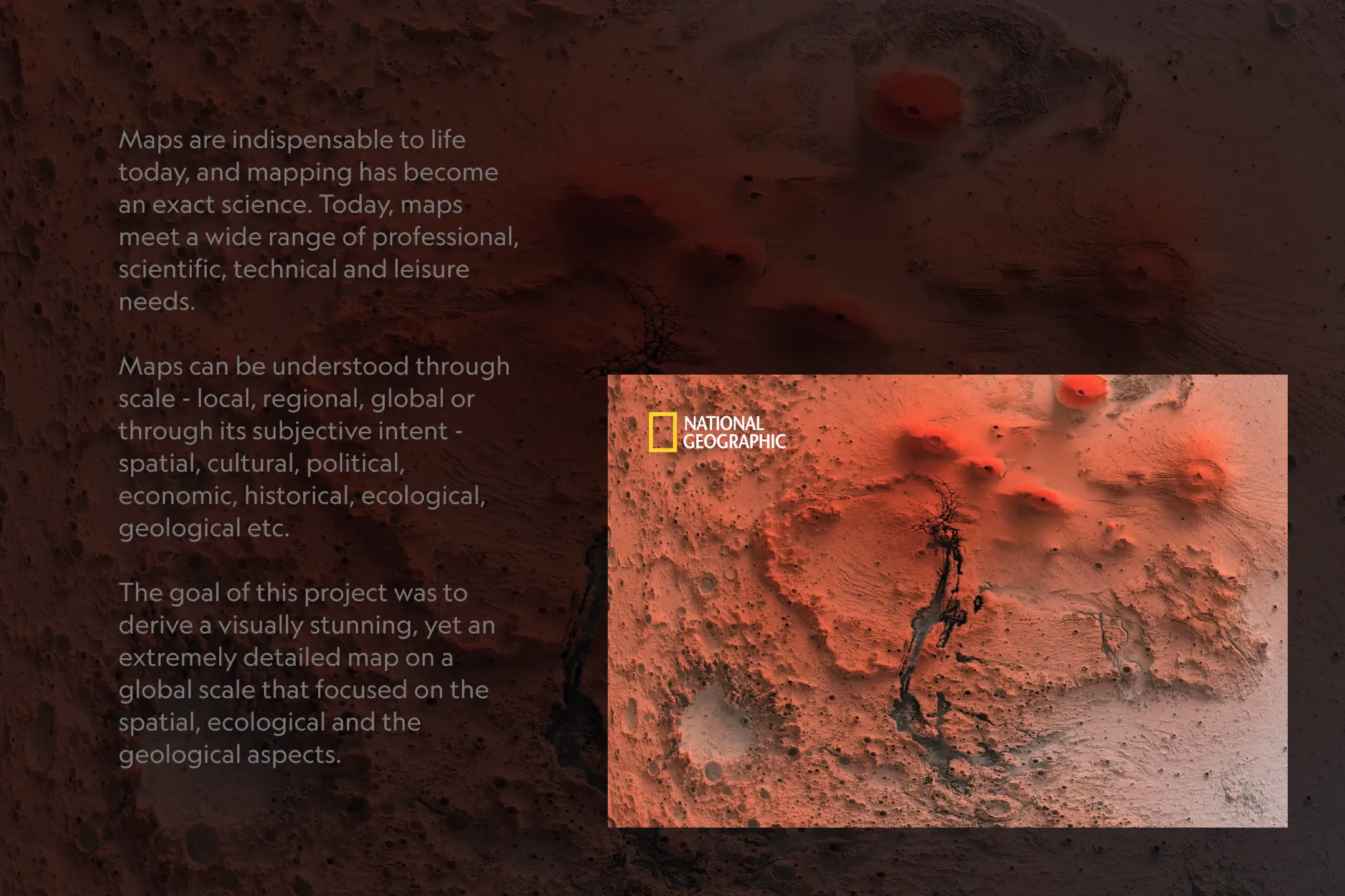 National Geographic detailed map of a red rocky cratered surface, likely Mars, with informative text about mapping.