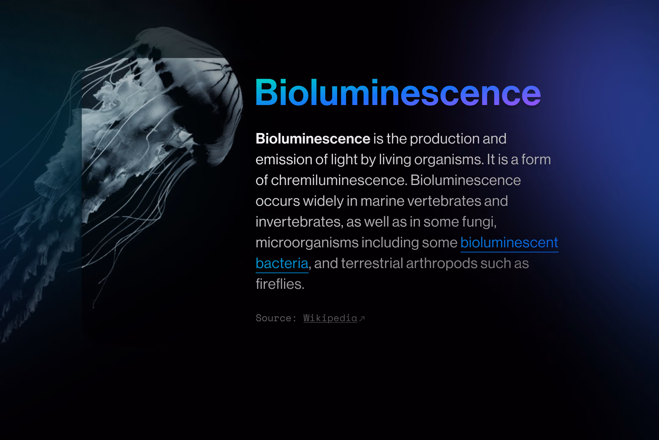 Jellyfish glowing underwater with text about bioluminescence by living organisms.