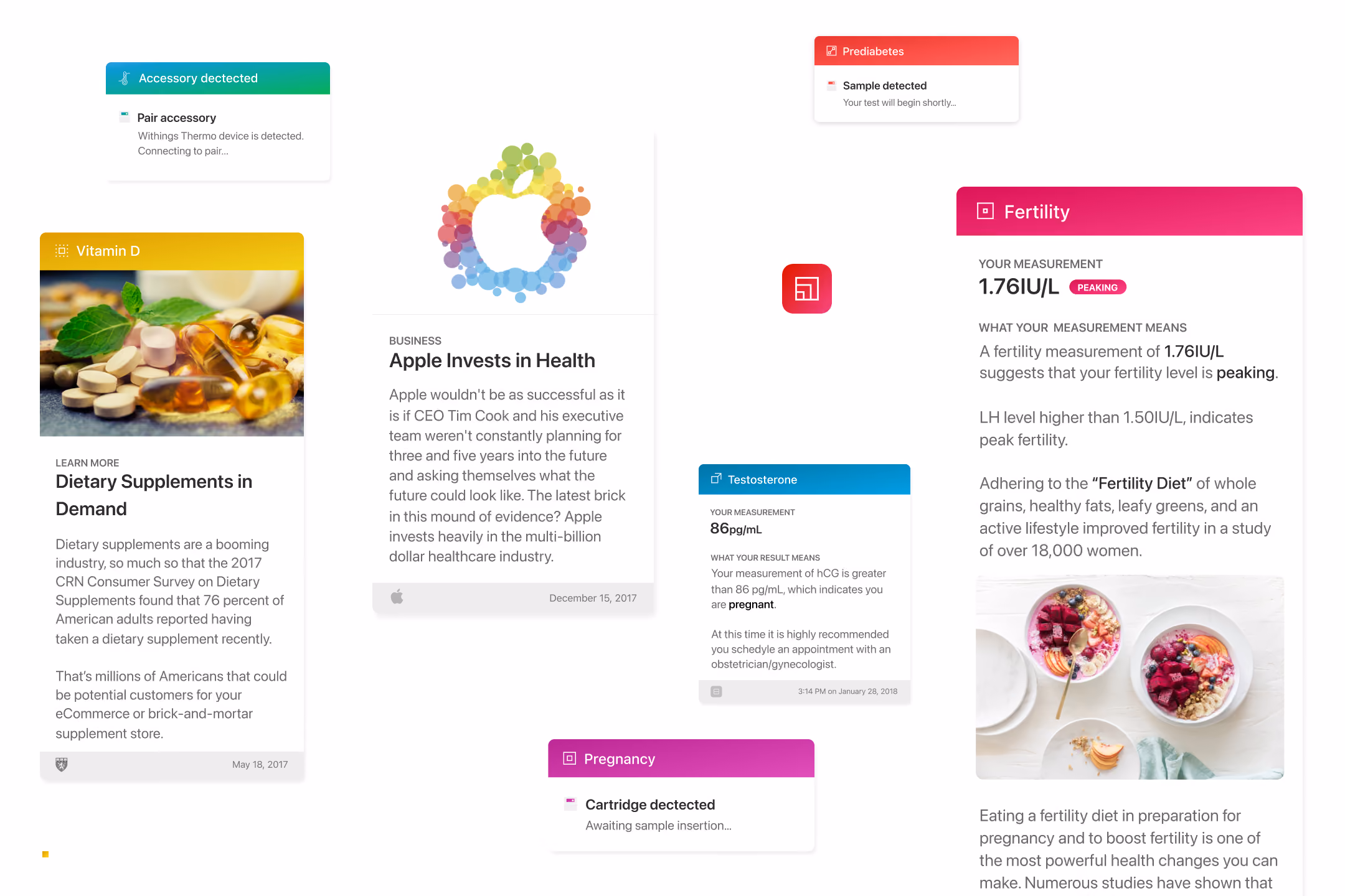 Various health and fertility app notifications with images of supplements, Apple logo, and food bowls.