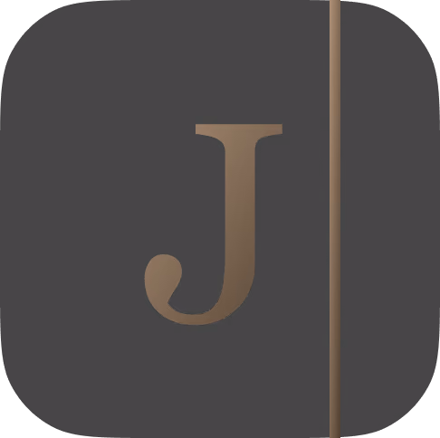 Brown capital letter J beside a vertical brown line on a black rounded square background.