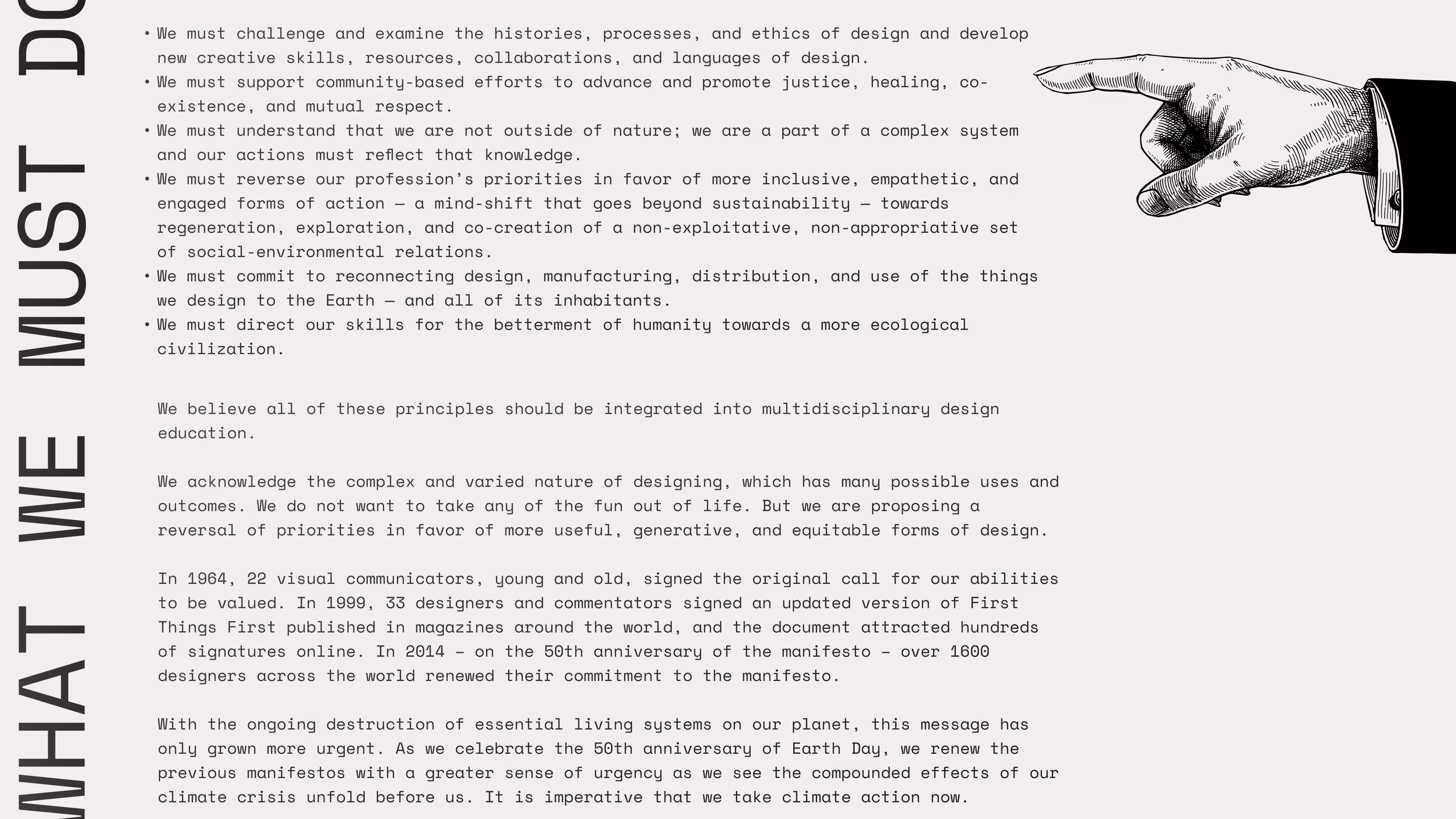 Vintage illustration of a hand pointing right next to text listing design ethics and commitments.