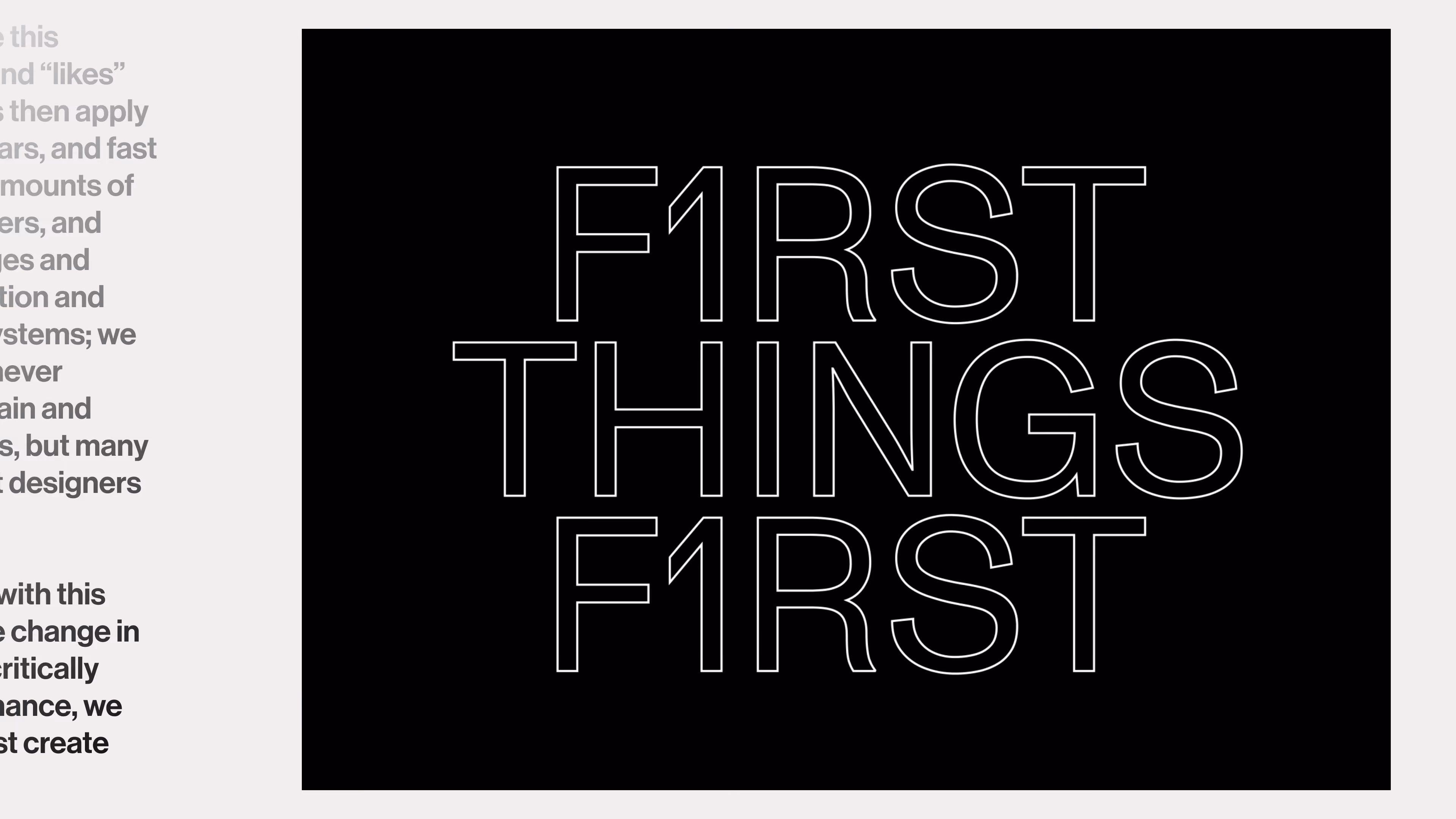 Text in large outlined letters on black background reads 'F1RST THINGS F1RST'.