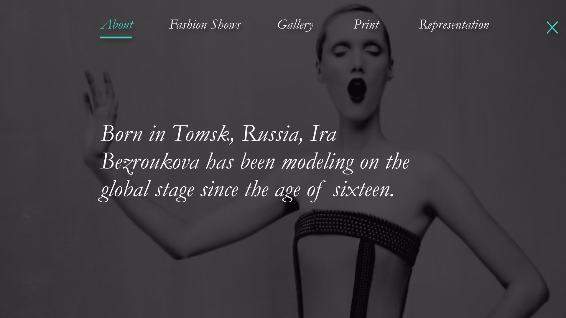 Black-and-white photo of a woman in a strapless outfit with text overlay about her modeling career.