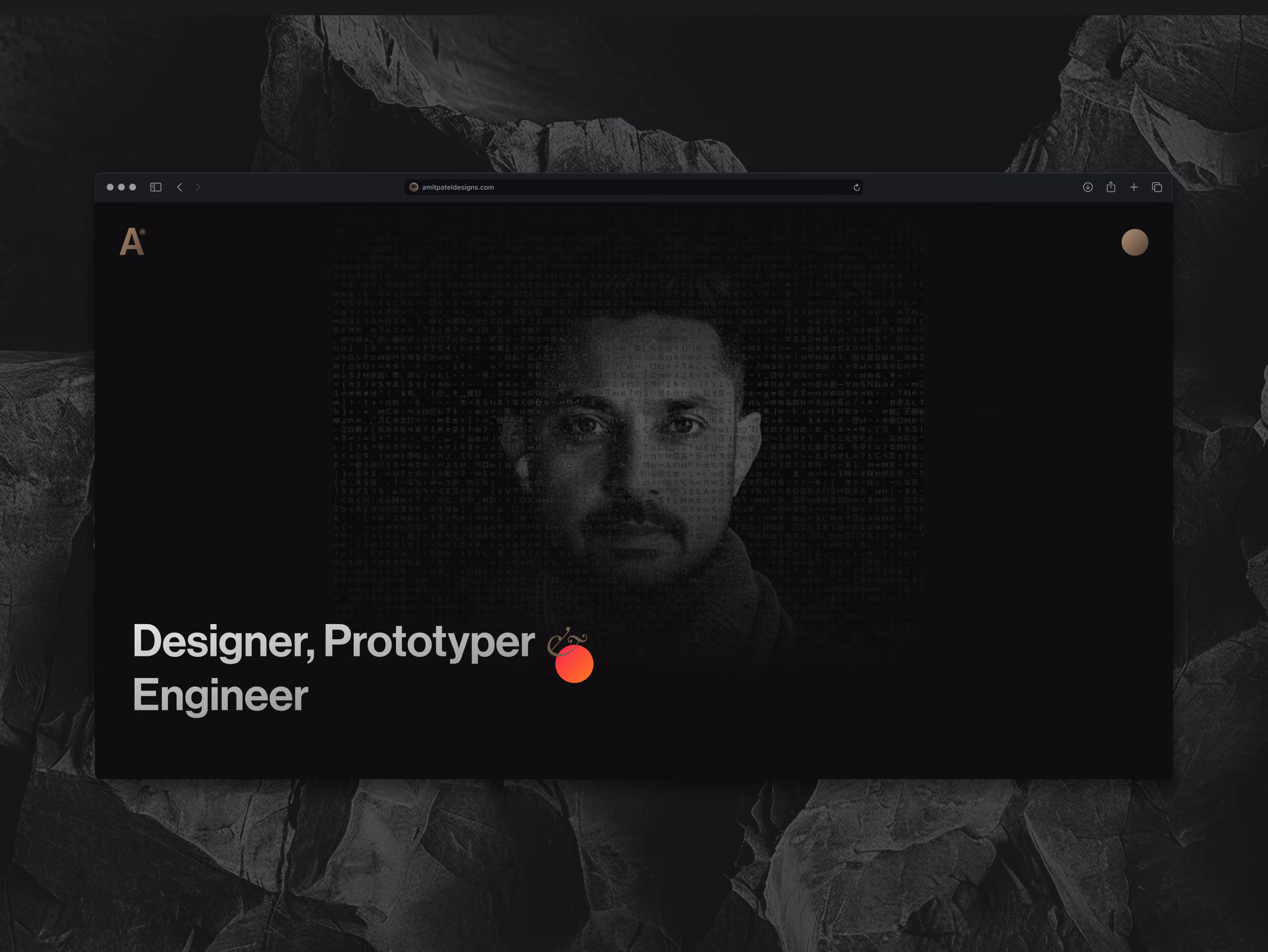 The amitpateldesigns.com homepage: a black-and-white portrait beside the line Designer, Prototyper & Engineer