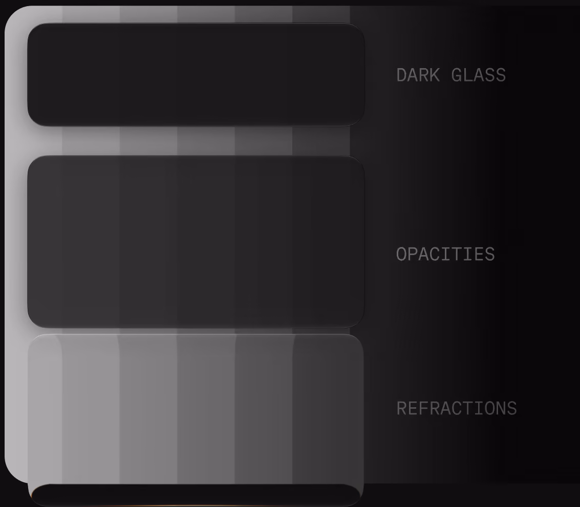 Dark glass material reference: opacity and refraction swatches