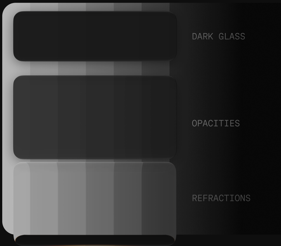 Dark glass material reference: opacity and refraction swatches
