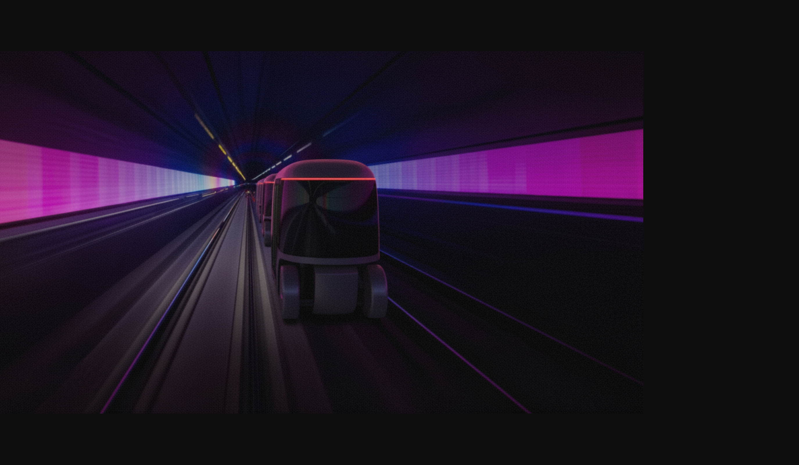 Autonomous transit vehicle moving through a neon-lit tunnel, motion-blurred light bands on either side