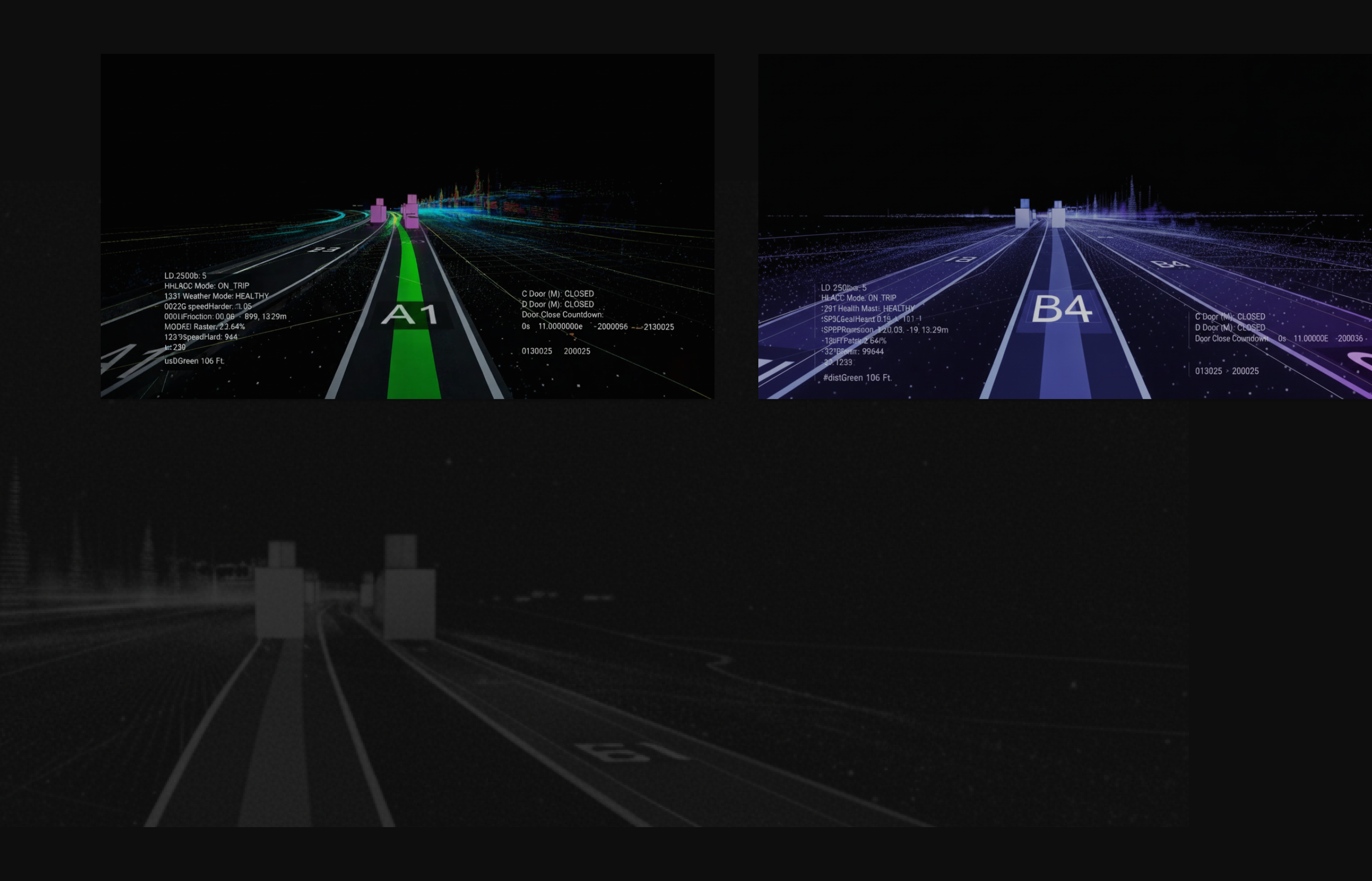 OCC vision system composition showing AR-overlaid lane guidance readouts A1 and B4 with LiDAR point-cloud data