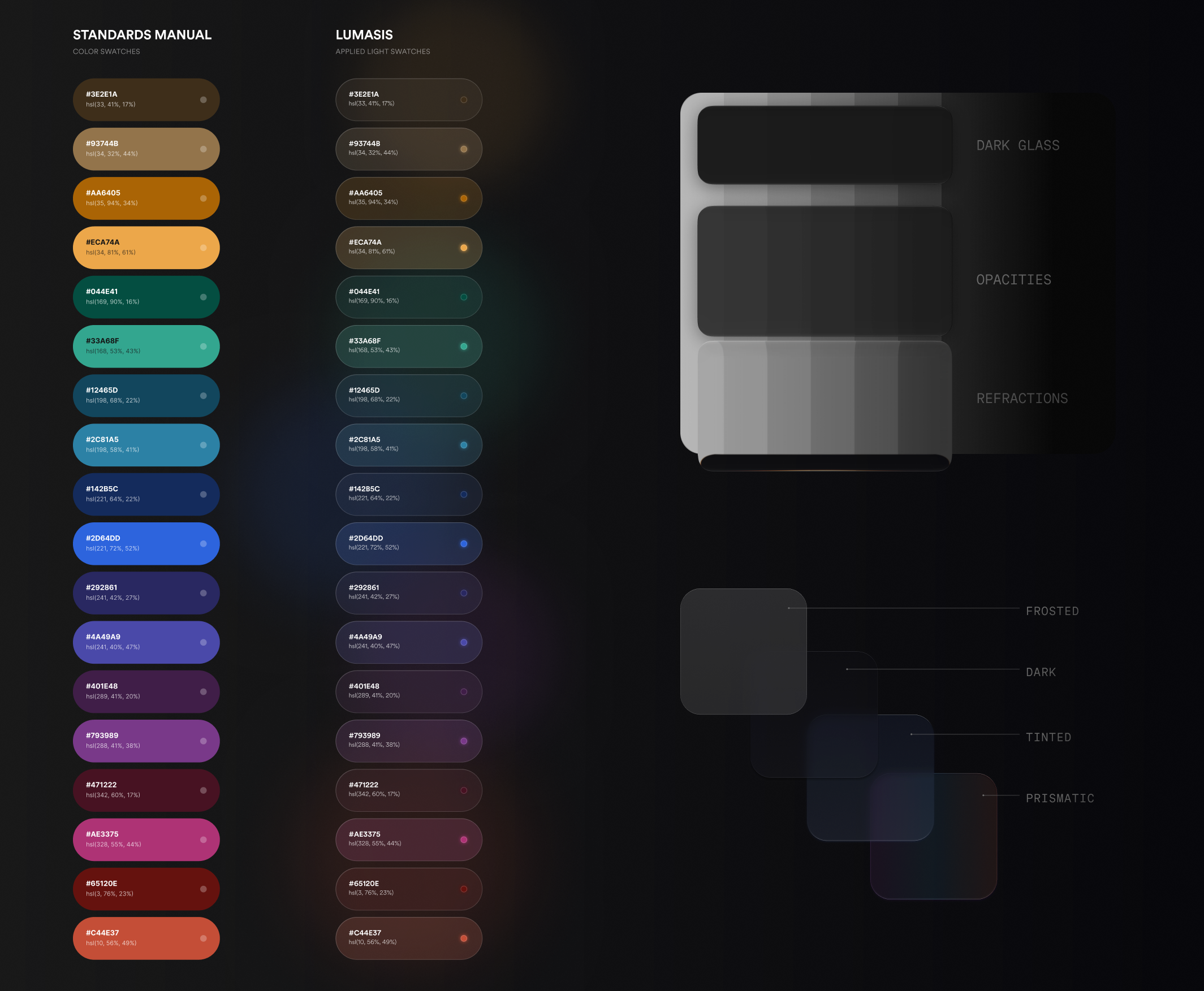 Dark glass material reference: opacity and refraction swatches