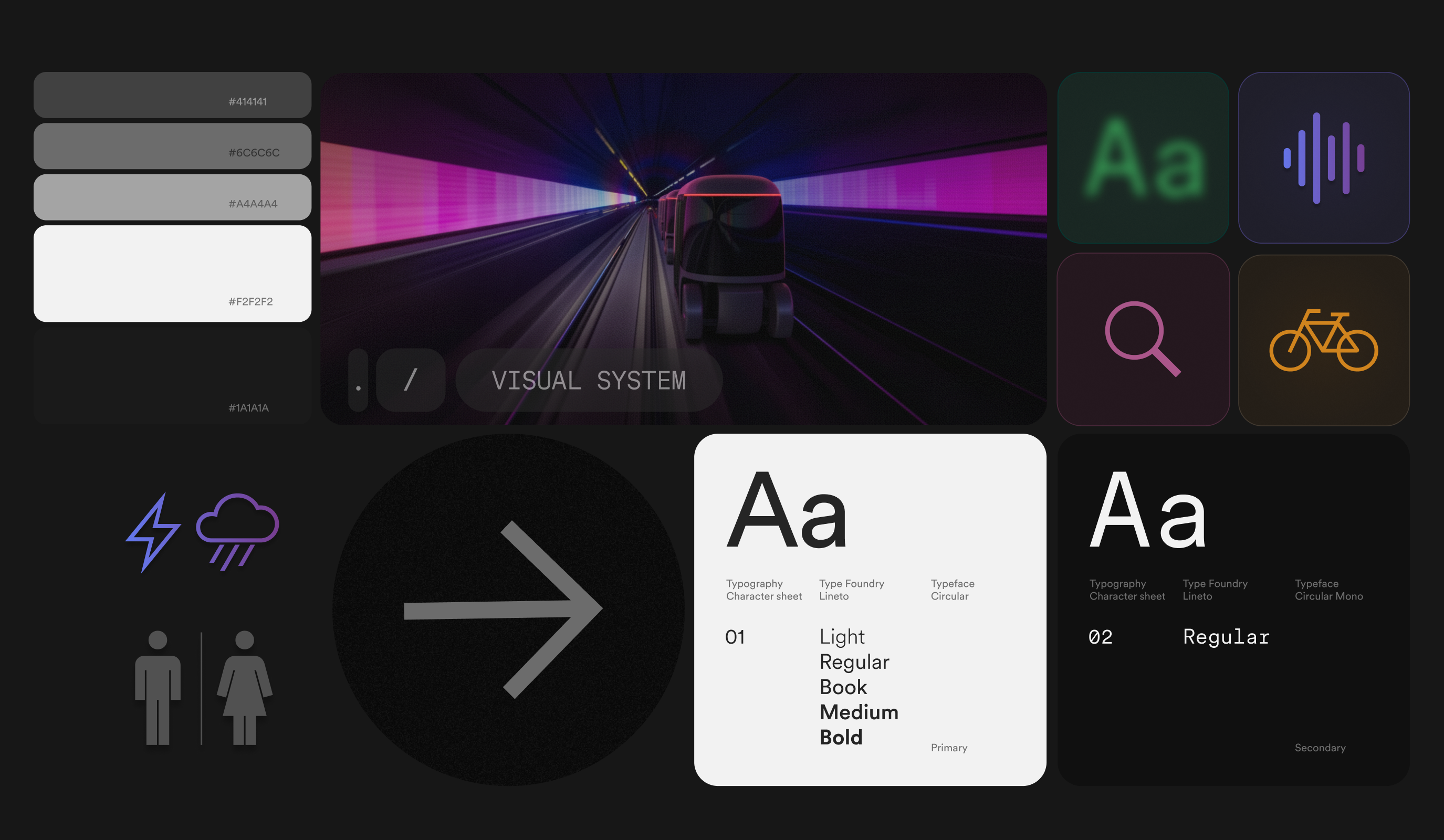 Standards Manual visual system detail — grayscale swatches, icon set, and typography specimens