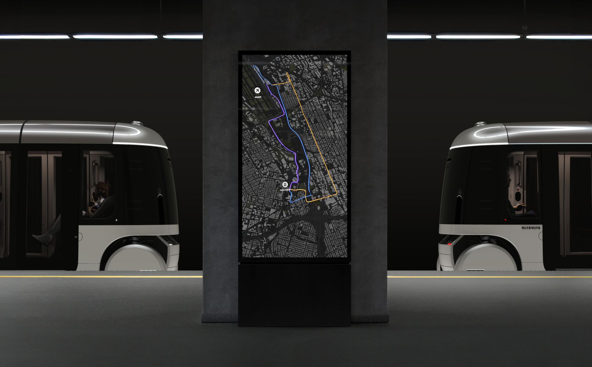 Station totem between two vehicles, the route shown as a purple line