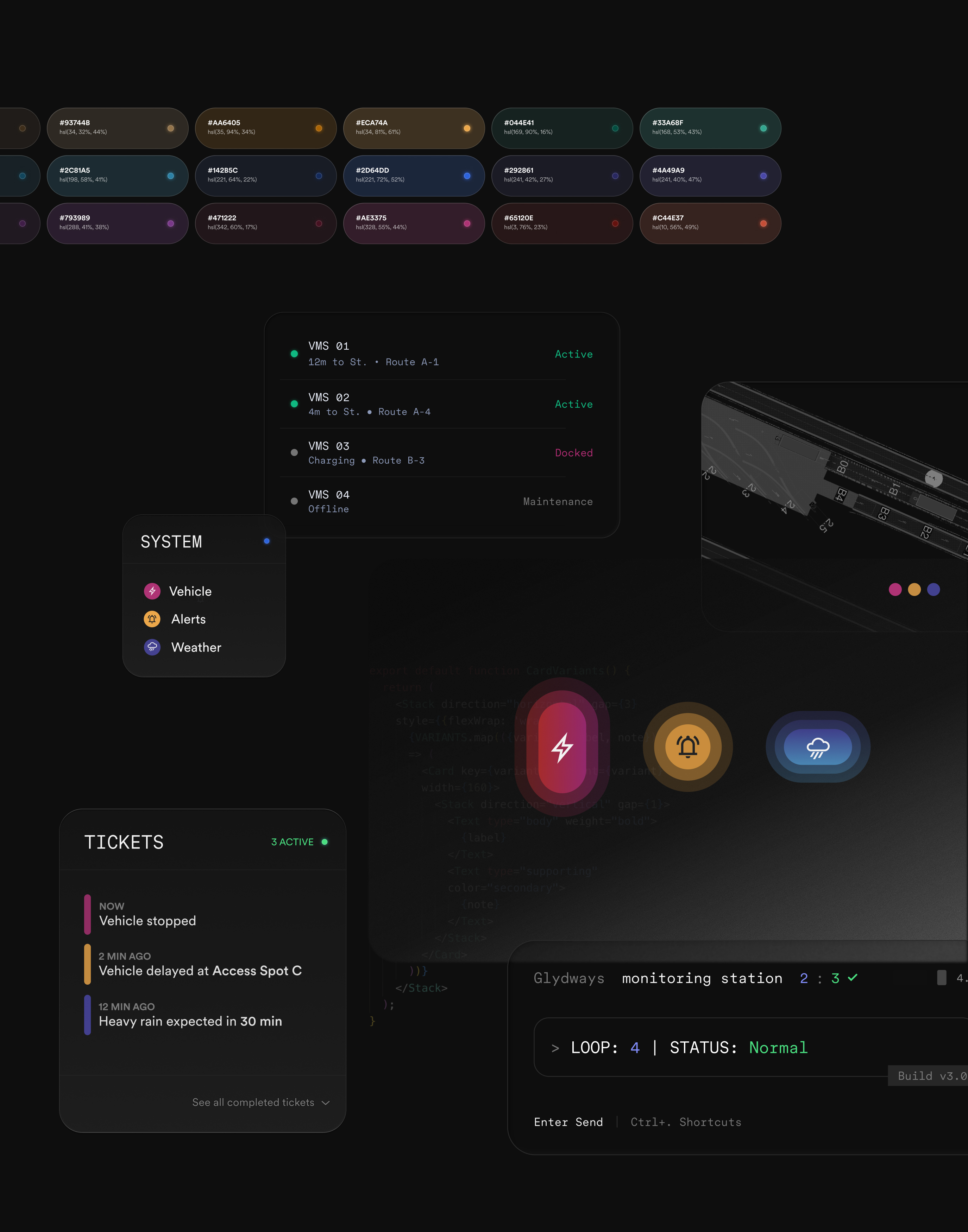 Operations control center components with a color token swatch row above vehicle status list, alerts icons, and a monitoring terminal.