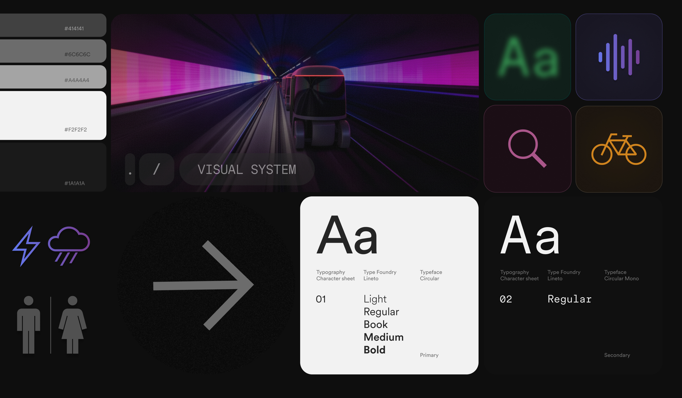 Visual system board — grayscale value ladder, a vehicle in a lit tunnel, weather and restroom pictograms, a wayfinding arrow, iconography tiles, and the Circular primary and mono character sheets