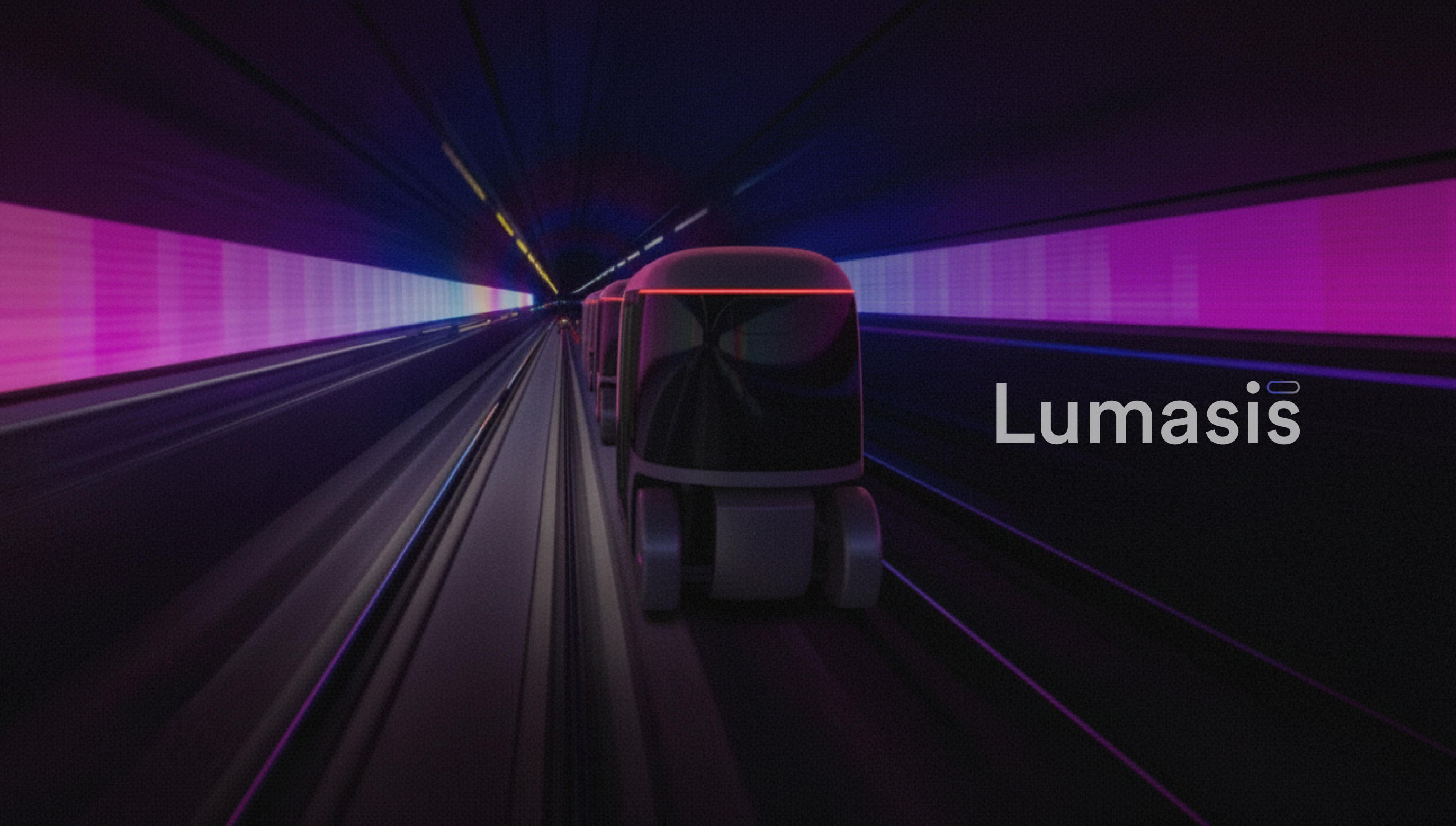 Lumasis case study cover — gradient wordmark and glass track UI on dark background