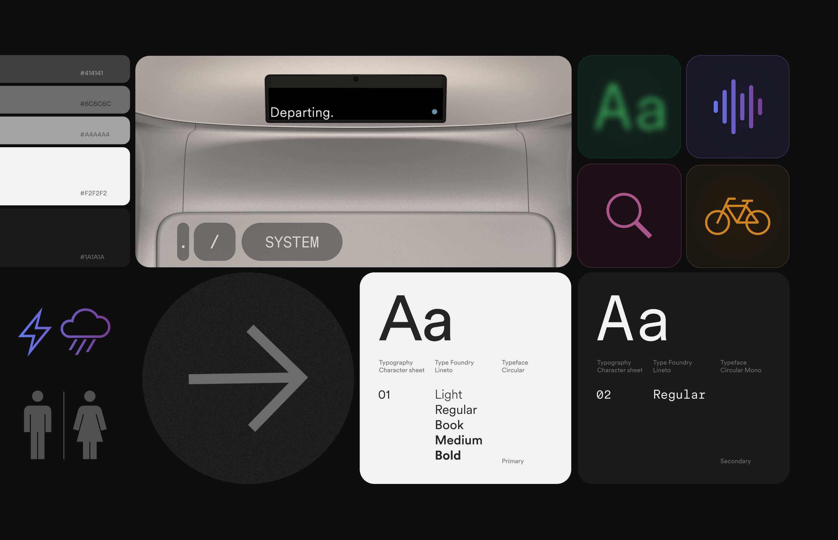 Lumasis visual system board — grayscale value ladder, vehicle display, pictograms, and the Circular type specimens shown as one sheet.