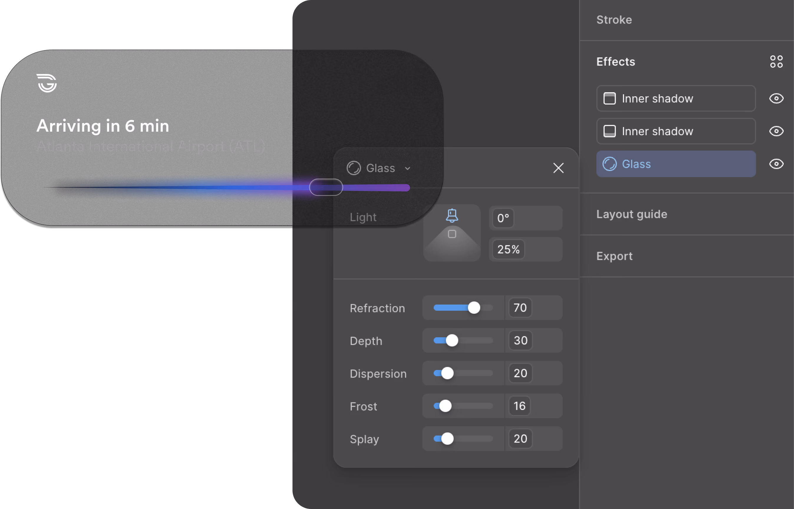 The glass material authored as a Figma tool — refraction, depth, dispersion, frost, and splay carried as named values in the effects panel rather than approximated by eye.
