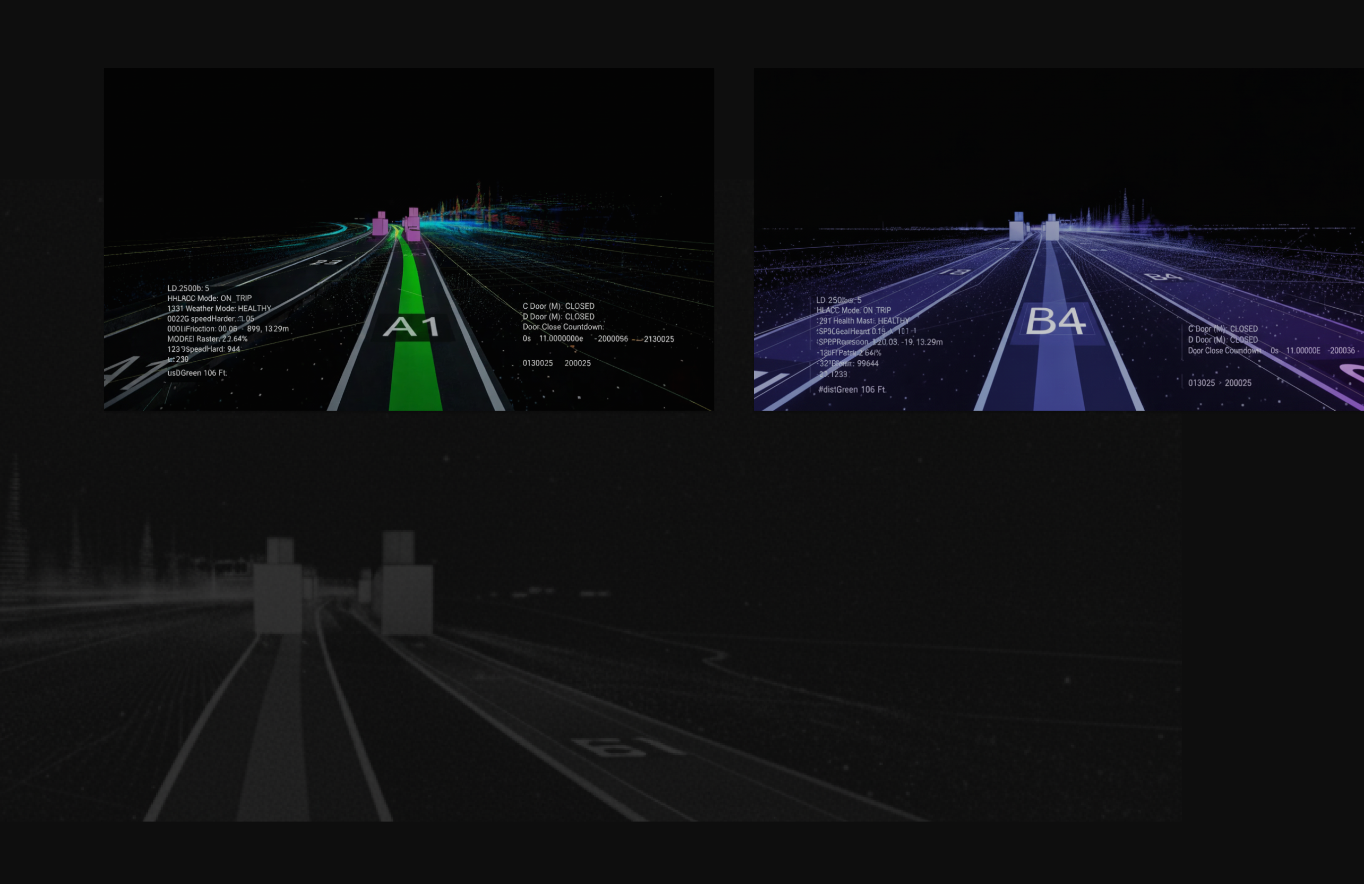 Machine perception views — lane A-1 classified in green and lane B-4 in violet, each with live telemetry, over a ghosted point cloud of the guideway.