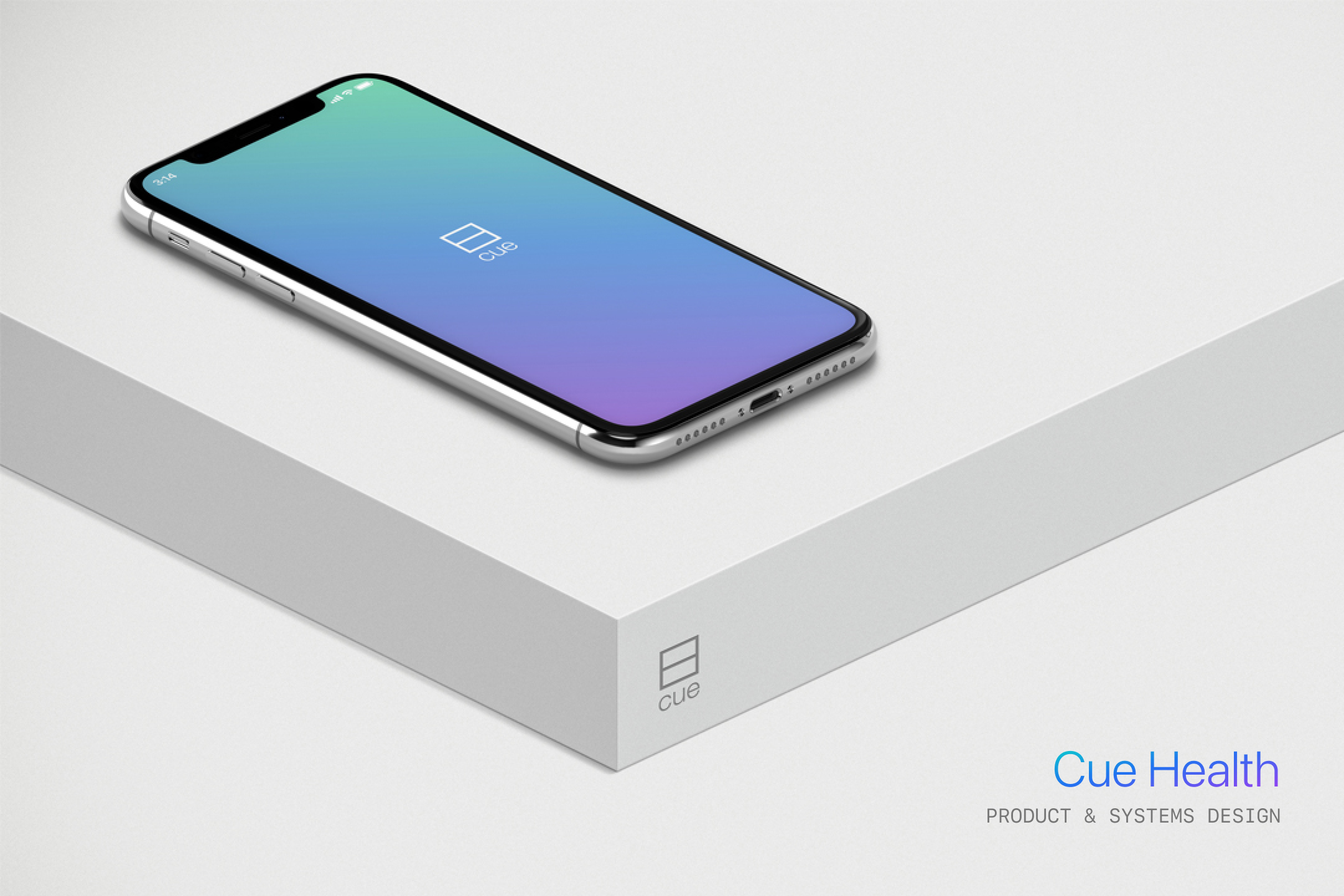 Cue Health cover: a phone showing the Cue logo on a teal-to-violet gradient, resting on a white plinth. Product and systems design.