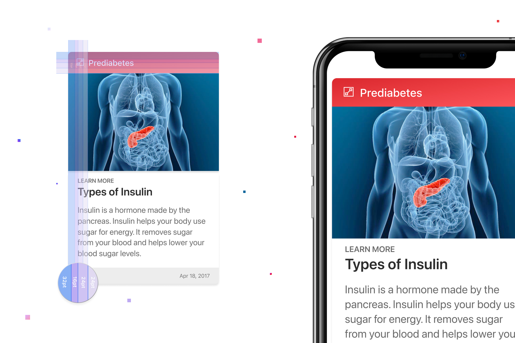 Educational content cards: anatomical illustration and a Types of Insulin article in the Cue app.