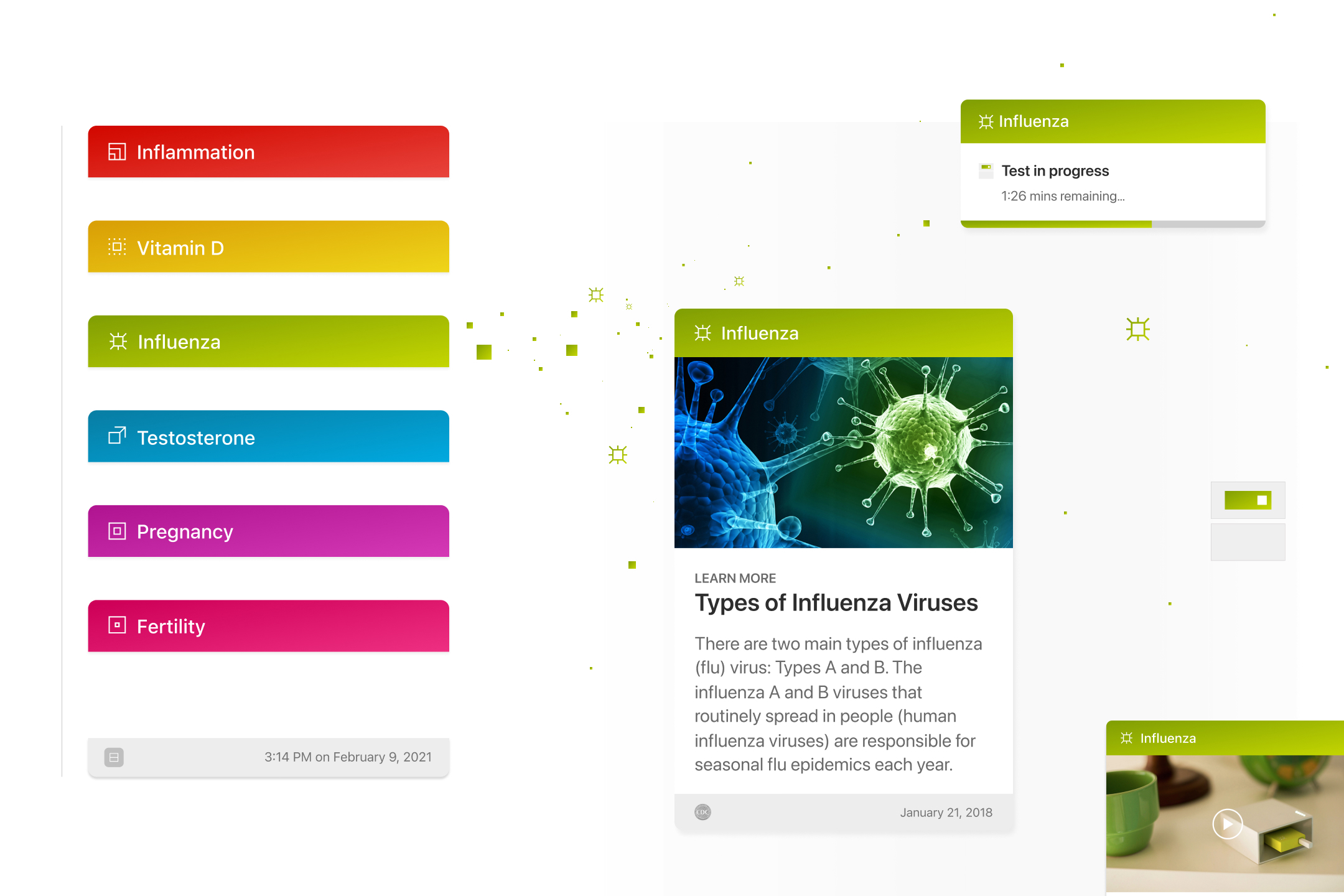 Card headers across test types, each carrying its own color.