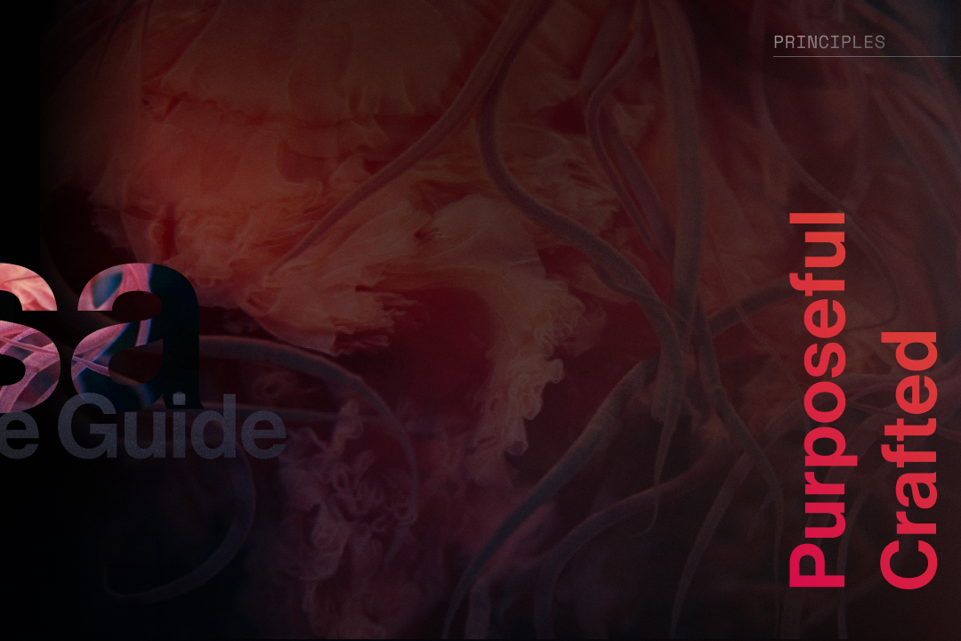 Medusa principles: Purposeful, Crafted, Harmonious, Expressive, set vertically in red beside a jellyfish.